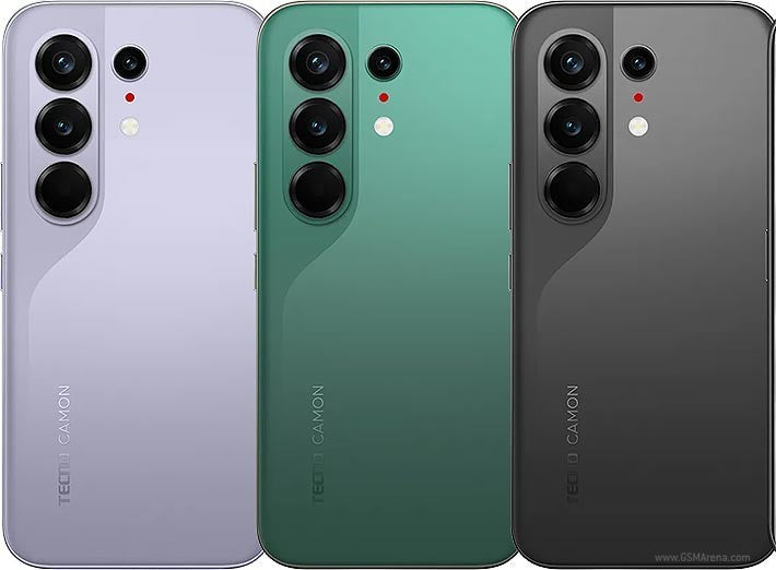 MUGO Online Tecno Camon 50 Pro 4G LTE smartphone in lavender, green, and dark grey with triple rear camera setup.